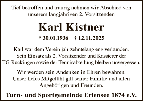 Traueranzeige von Karl Kistner von OFHA