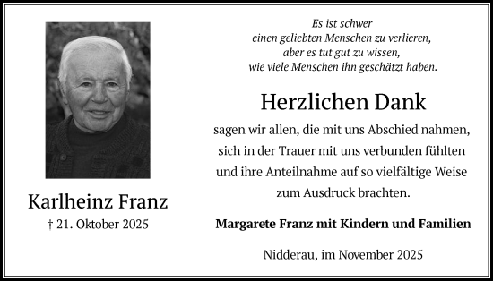 Traueranzeige von Karlheinz Franz von OFHA