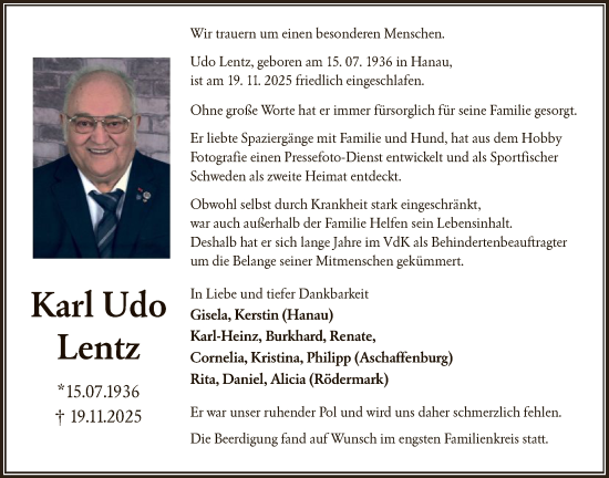 Traueranzeige von Karl Udo Lentz von OFHA