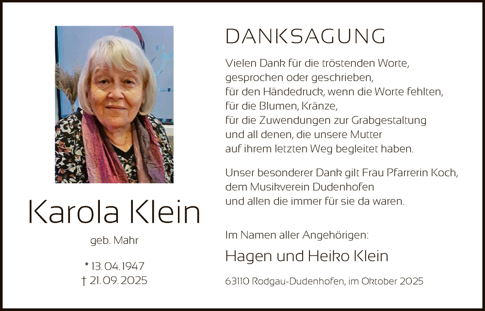  Traueranzeige für Karola Klein vom 01.11.2025 aus OFOP