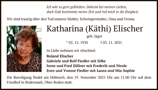 Traueranzeige von Katharina Elischer von OF0L