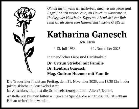 Traueranzeige von Katharina Ganesch von OFHA