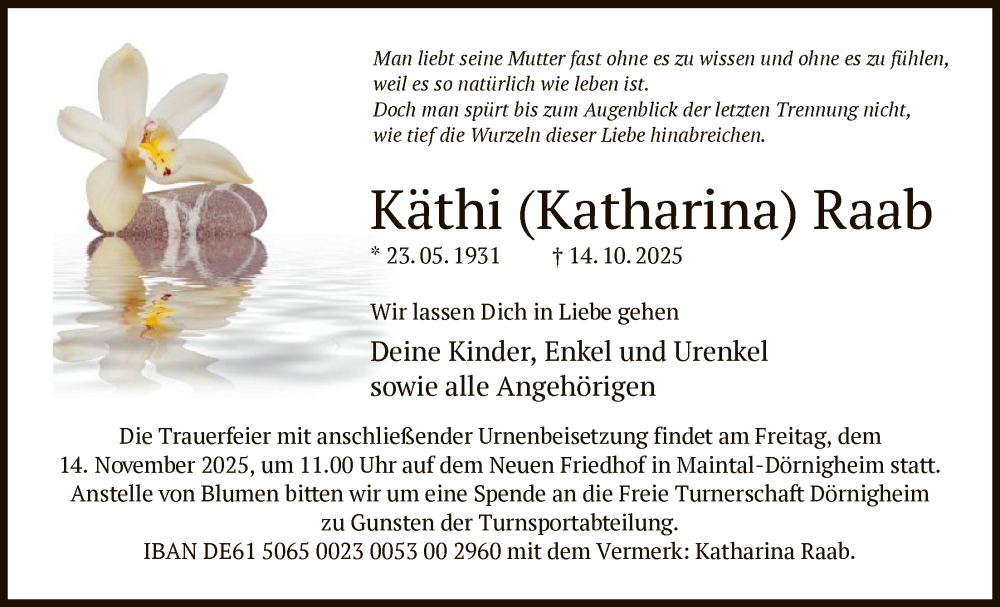  Traueranzeige für Katharina Raab vom 01.11.2025 aus OFHA