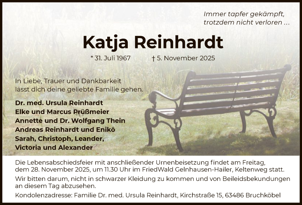  Traueranzeige für Katja Reinhardt vom 15.11.2025 aus OFHA