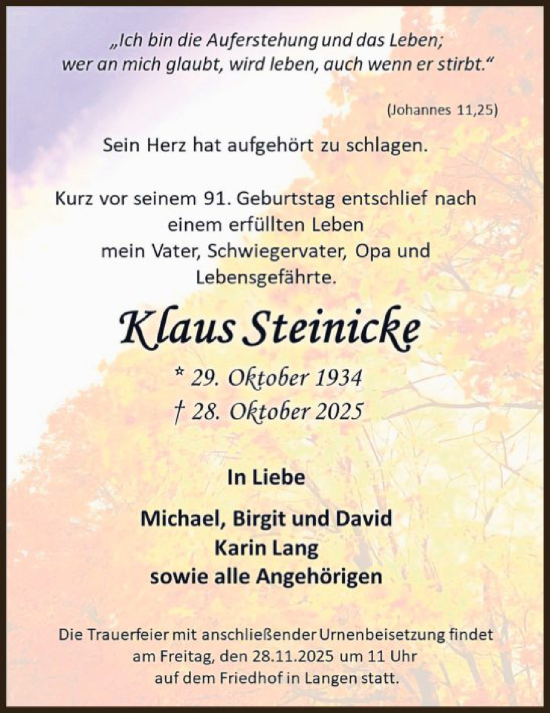 Traueranzeige von Klaus Steinicke von OFOP