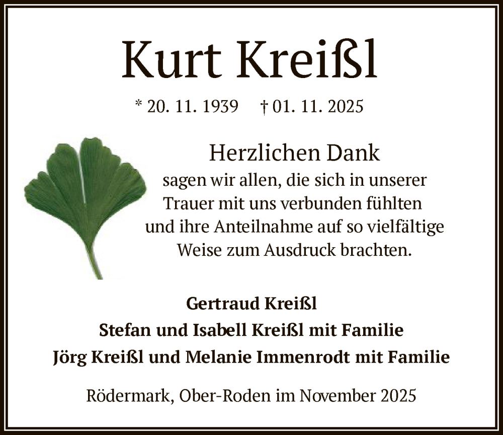  Traueranzeige für Kurt Kreißl vom 22.11.2025 aus OFOP