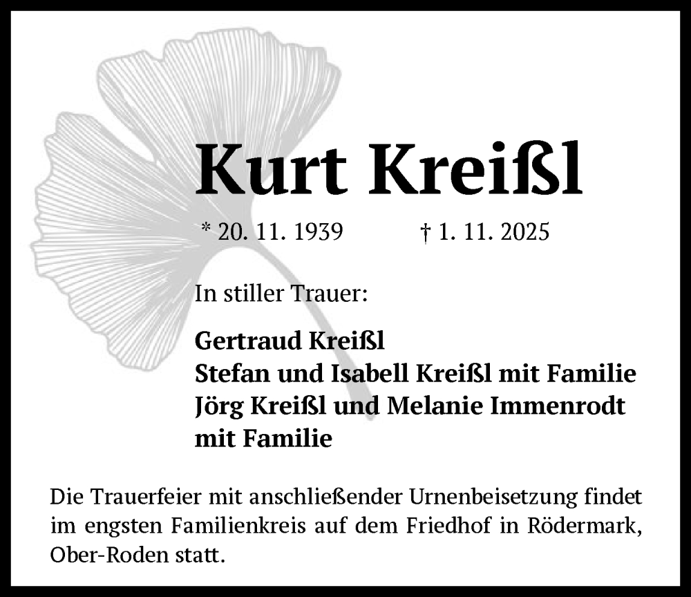  Traueranzeige für Kurt Kreißl vom 08.11.2025 aus OFOP