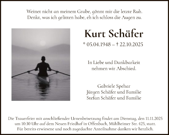 Traueranzeige von Kurt Schäfer von OFOP