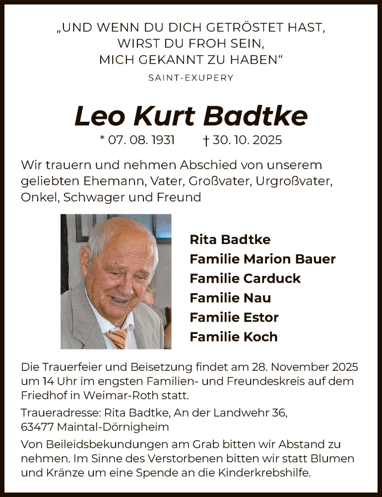  Traueranzeige für Leo Kurt Badtke vom 20.11.2025 aus OFHA