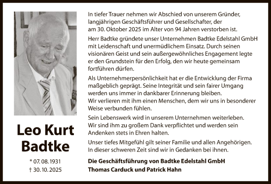 Traueranzeige von Leo Kurt Badtke von OFHA