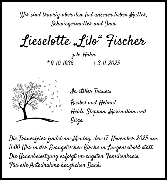 Traueranzeige von Lieselotte Fischer von OFHA