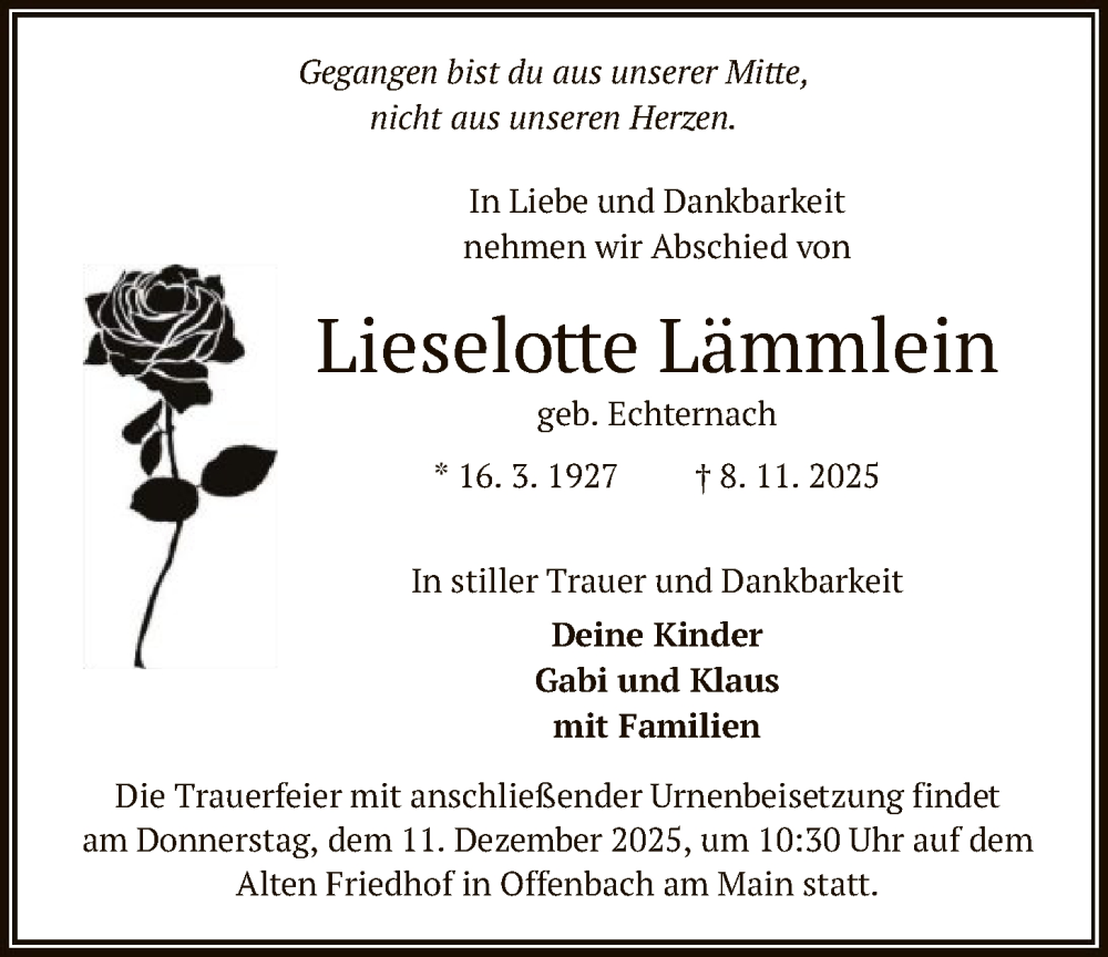 Traueranzeige für Lieselotte Lämmlein vom 29.11.2025 aus OFOP