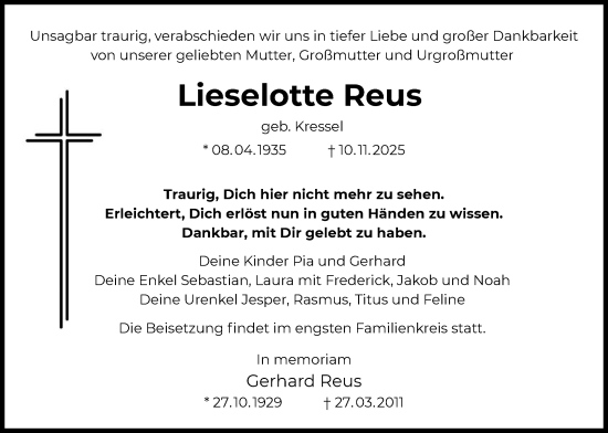 Traueranzeige von Lieselotte Reus von OFHA