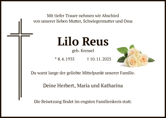 Traueranzeige von Lilo Reus von OFHA