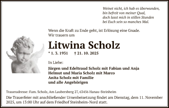 Traueranzeige von Litwina Scholz von OFHA