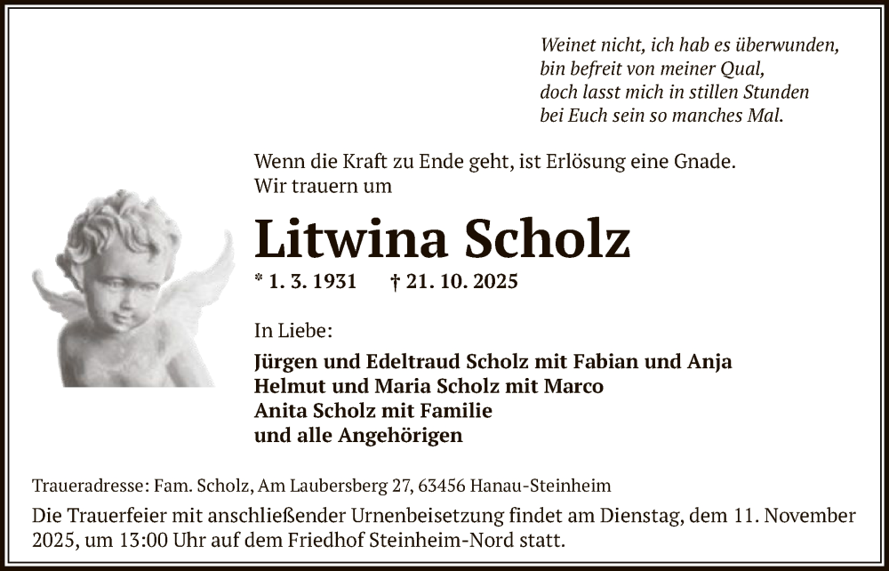  Traueranzeige für Litwina Scholz vom 08.11.2025 aus OFHA