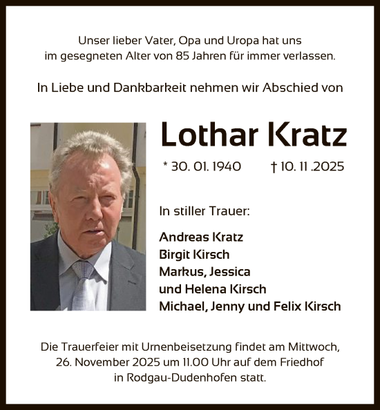 Traueranzeige von Lothar Kratz von OFOP