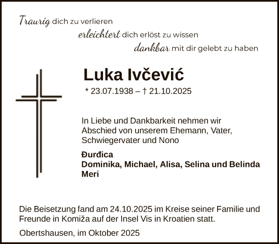 Traueranzeige von Luka Ivčevic von OF0T