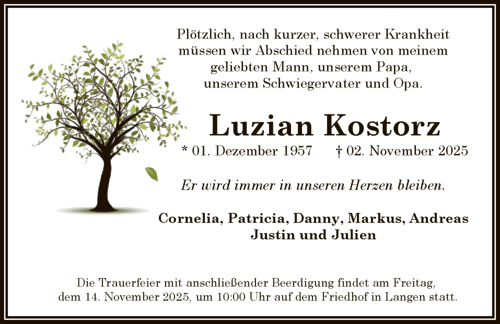  Traueranzeige für Luzian Kostorz vom 08.11.2025 aus OF0W
