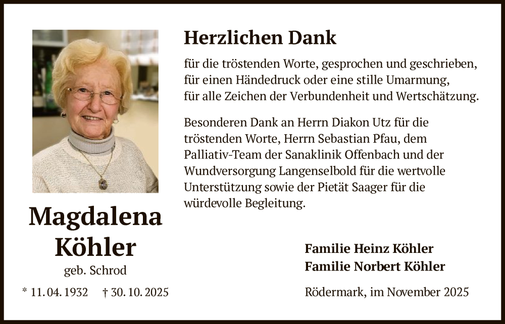  Traueranzeige für Magdalena Köhler vom 22.11.2025 aus OF0L