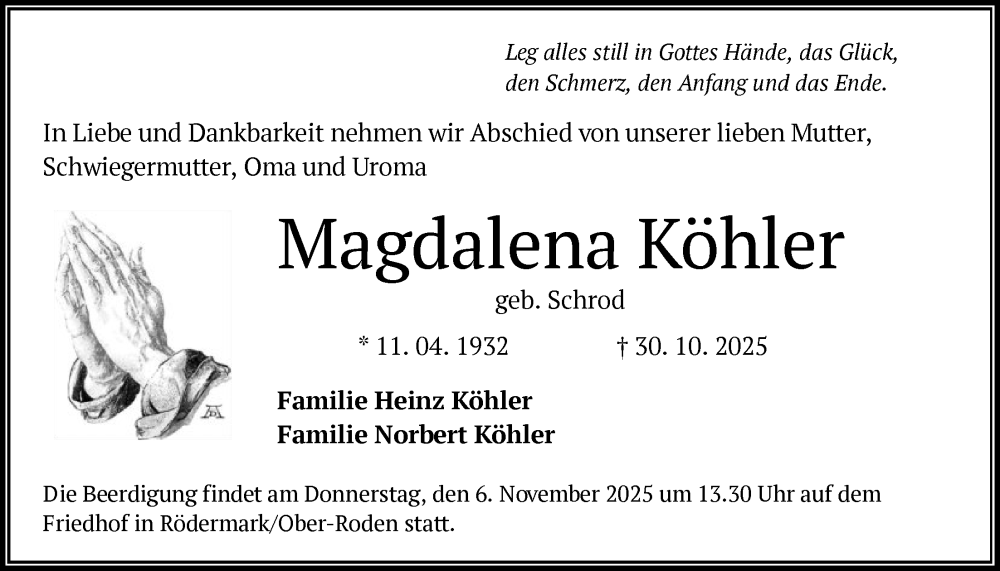  Traueranzeige für Magdalena Köhler vom 01.11.2025 aus OFOP