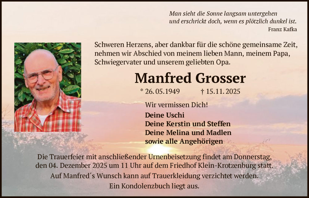  Traueranzeige für Manfred Grosser vom 29.11.2025 aus OF0L