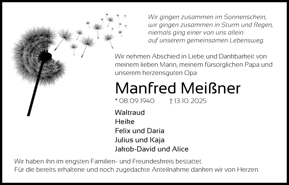  Traueranzeige für Manfred Meißner vom 08.11.2025 aus OFOP