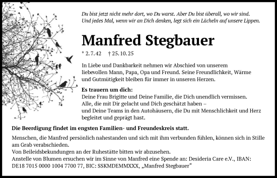 Traueranzeige von Manfred Stegbauer von OF0W