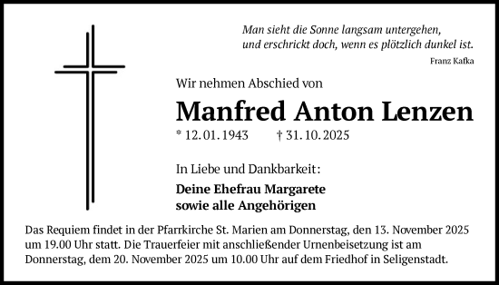 Traueranzeige von Manfred Anton Lenzen von OF0L