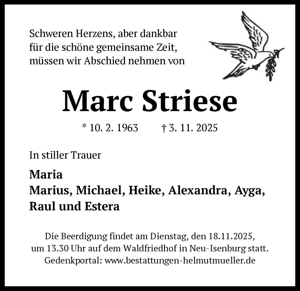  Traueranzeige für Marc Striese vom 15.11.2025 aus OFOP