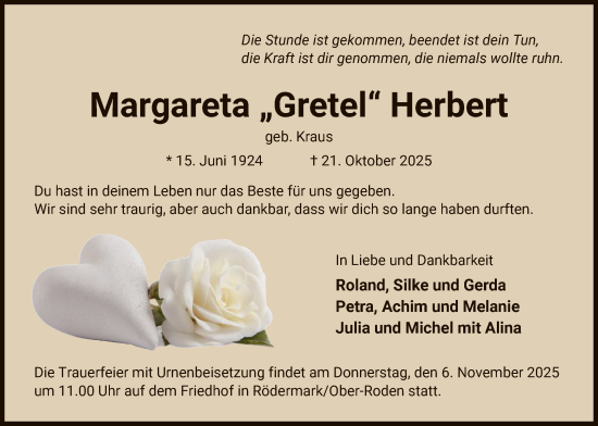Traueranzeige von Margareta Herbert von OFOP
