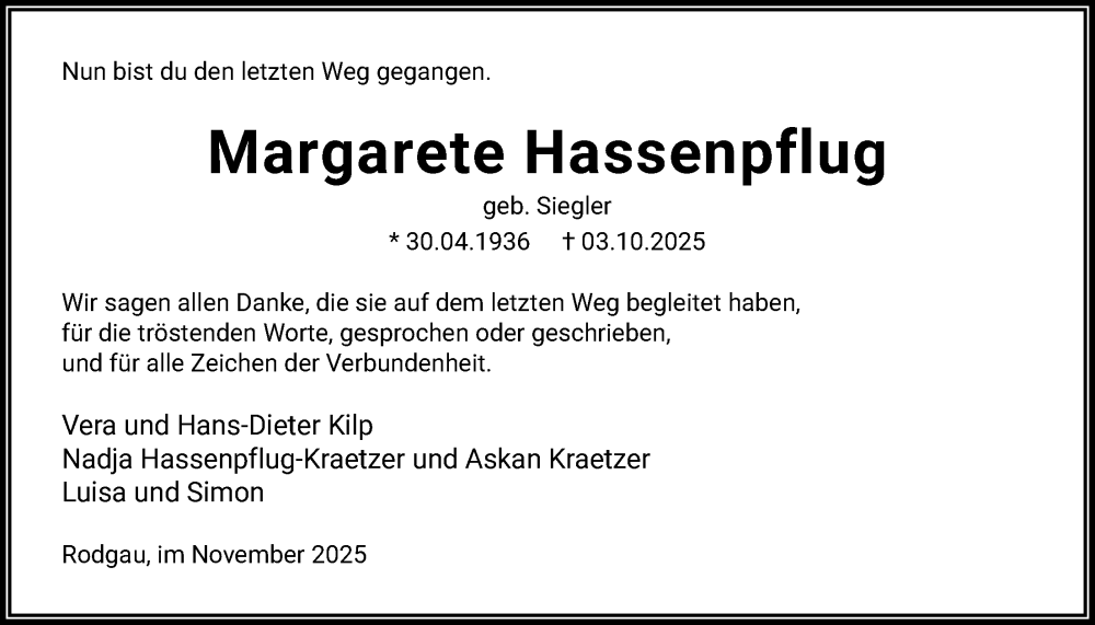  Traueranzeige für Margarete Hassenpflug vom 08.11.2025 aus OF0L