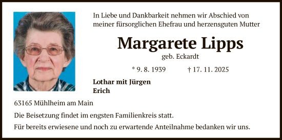 Traueranzeige von Margarete Lipps von OFOP