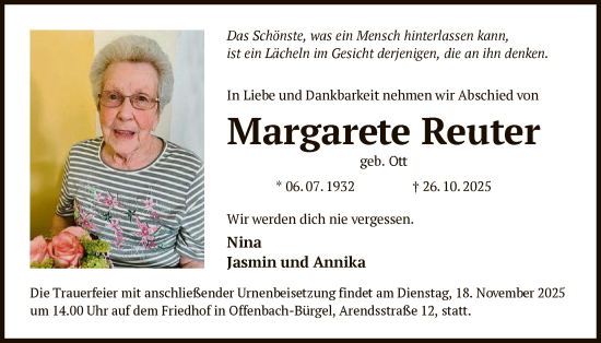 Traueranzeige von Margarete Reuter von OFOP