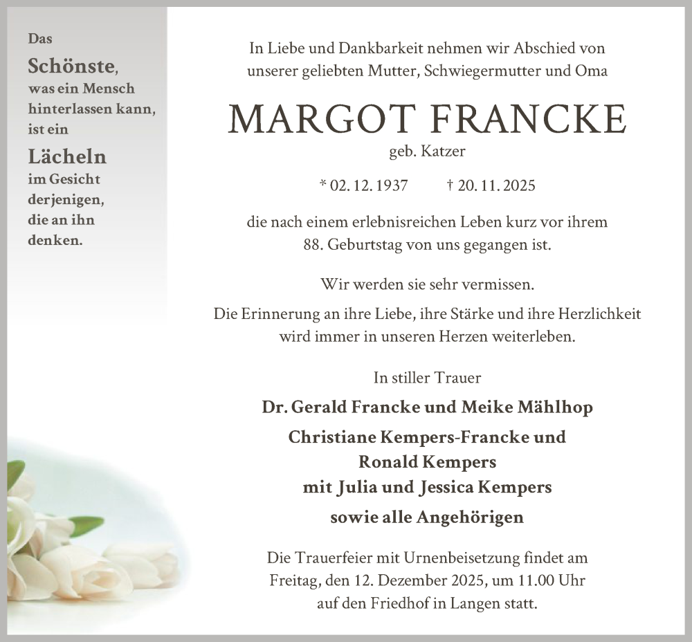  Traueranzeige für Margot Francke vom 29.11.2025 aus OF0W