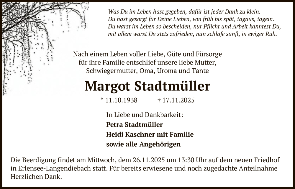  Traueranzeige für Margot Stadtmüller vom 22.11.2025 aus OFHA