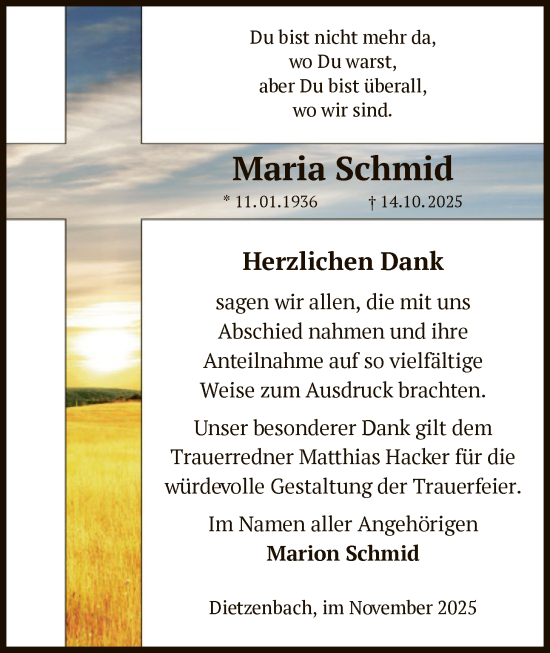 Traueranzeige von Maria Schmid von OF0L