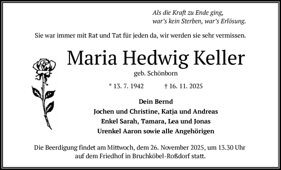Traueranzeige von Maria Hedwig Keller von OFHA