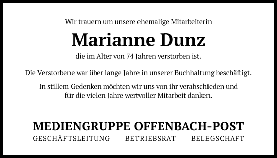 Traueranzeige von Marianne Dunz von OFOP
