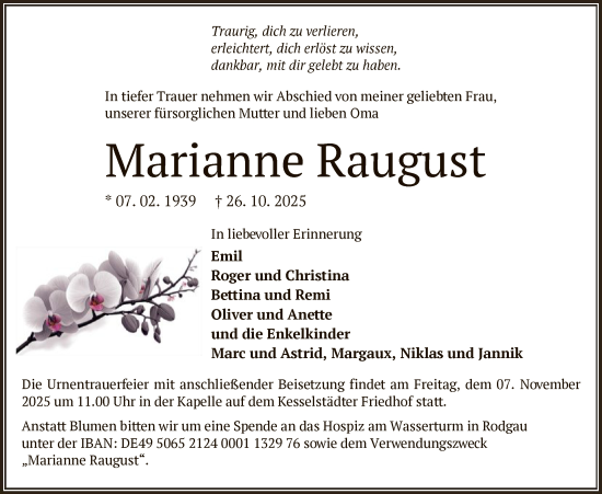 Traueranzeige von Marianne Raugust von OFHA