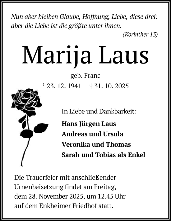Traueranzeige von Marija Laus von BOWO
