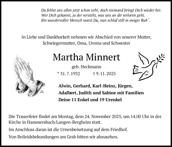 Traueranzeige von Martha Minnert von OFHA
