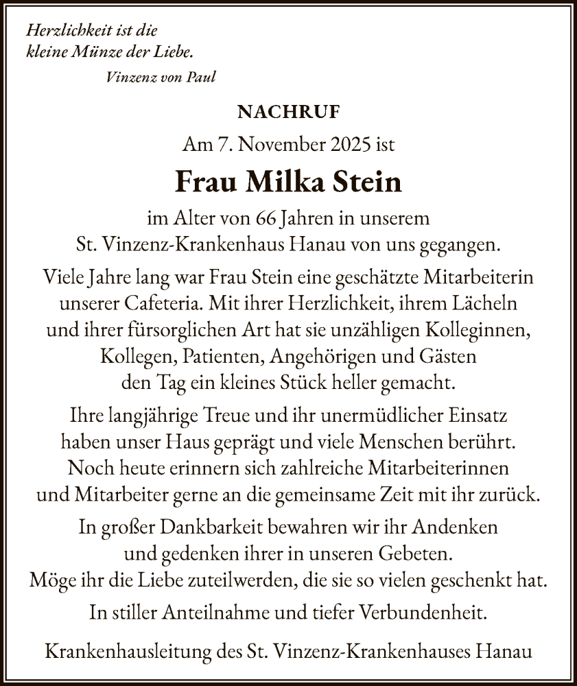  Traueranzeige für Milka Stein vom 22.11.2025 aus OFHA