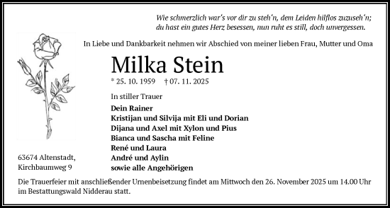 Traueranzeige von Milka Stein von OFHA