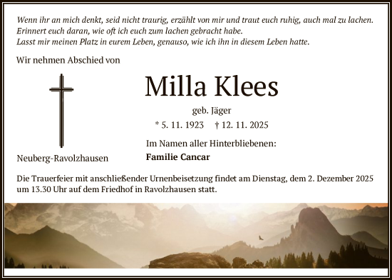 Traueranzeige von Milla Klees von OFHA