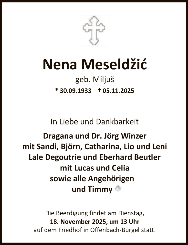  Traueranzeige für Nena Meseldžic vom 08.11.2025 aus OFOP