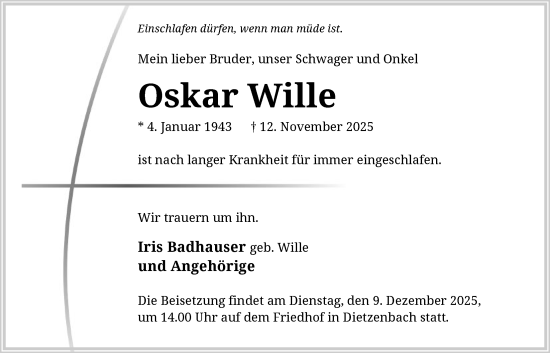 Traueranzeige von Oskar Wille von OFOP