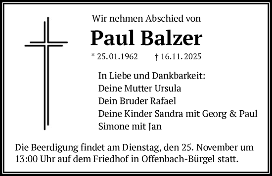 Traueranzeige von Paul Balzer von OFOP