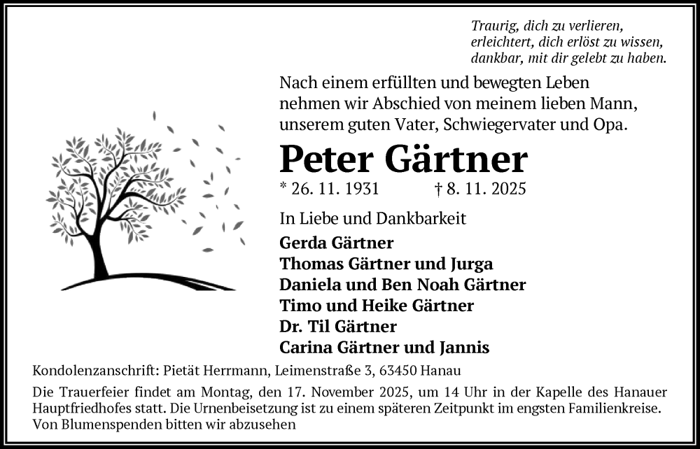  Traueranzeige für Peter Gärtner vom 15.11.2025 aus OFHA