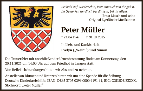Traueranzeige von Peter Müller von OF0W